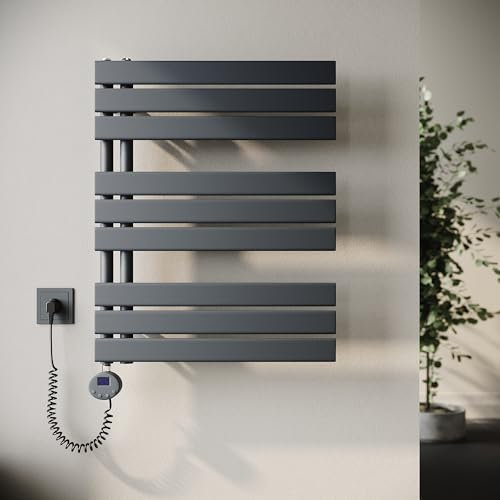 SONNI Badheizkörper Elektrische Handtuchwärmer mit Thermostat Heizstab Anthrazit 762x600mm 400 Watt, Flach Handtuchtrockner elektrisch Handtuchheizkörper für Bad mit Temperaturregler