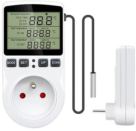 Lotvic Prise Thermostat, Regulateur Température Numérique 230 V 16 A avec Ecran LCD et Sonde, Thermostat Chauffage Refroidissement, pour Serres, Aquariums, Récipients en Verre, Reptiles