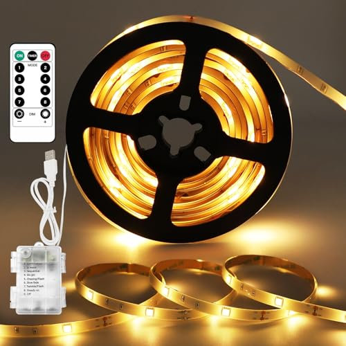 MUSUNIA LED Streifen Batterie - 2.5M Warmweiß LED Strip Batteriebetrieben oder USB Batteriebetrieben,mit 8 Modi Timer Fernbedienung,Schneidbar Wasserdicht für Schränke, Treppen, Küche, Betten