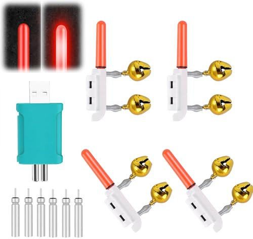 Nexoria Knicklichter Angeln, 4 Stück Bissanzeiger Angeln mit Glocke Wasserdicht Swinger Angeln Leuchtstäbe Angeln achtangeln Biss Alarm Angelzubehör für Angelrute (Rot)