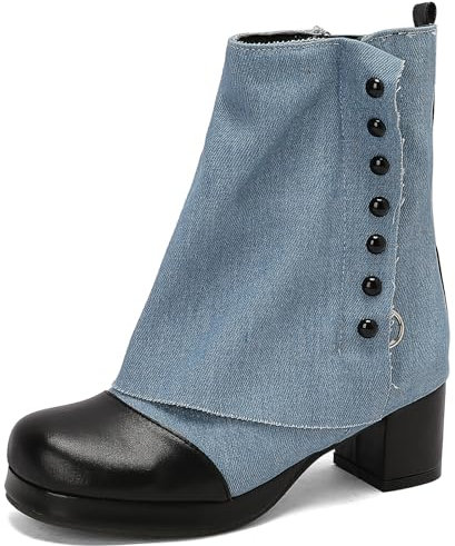 Gicoiz Donna Punta Rotonda Tacco a Blocco Stivali con Risvolto Stivali Chelsea Denim Inverno Casuale Plateau Cremallera Lateral Polacchine Warm Moda Light-Blu Numero 45 EU-47Cn