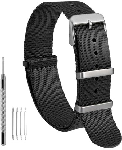WOCCI 24mm Militär Nylon Uhrenarmband, Einteiliges Nylon Armband für Damen und Herren, Silberne Schnalle (Schwarz)