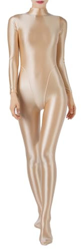 Freebily Damen Glänzend Jumpsuit Ganzkörperanzug Sport Bodysuit Yoga Overall Eng Einteiler Ganzkörper Kostüm Gymnastik Tanz Ballett Leotard Nude XXL