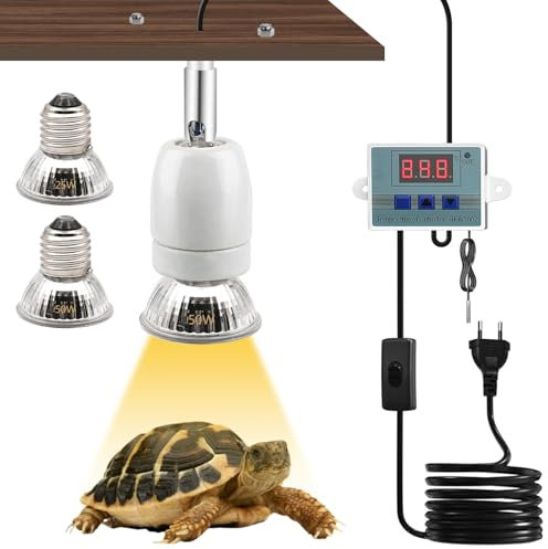 BORDEAG Lampe Chauffante Tortue, 25W+50W Reptiles Lampe Tortue Terrestre E27 UVA+UVB Lampe Tortue Terrestre avec 2 Ampoule Basking Spot et Minuterie pour Reptiles (Noir)
