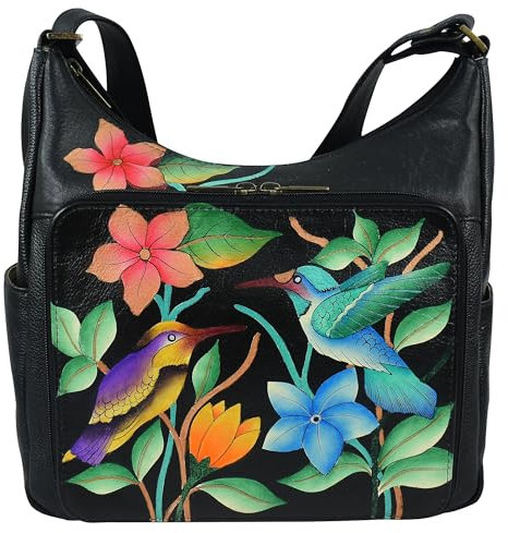 Anna by Anuschka Damen Women's Original Hand-Painted Leather Organizer, handbemalt, echtes Leder, Hobo, Birds in Paradise Black