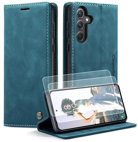 Yihaoyard Custodia per Samsung Galaxy A35 5G in Pelle Premium Protezione Portafoglio Libro Supporto Slot Carta Magnetica Flip Case per Samsung Galaxy A35-2 Vetro Temperato (Blu Verde)