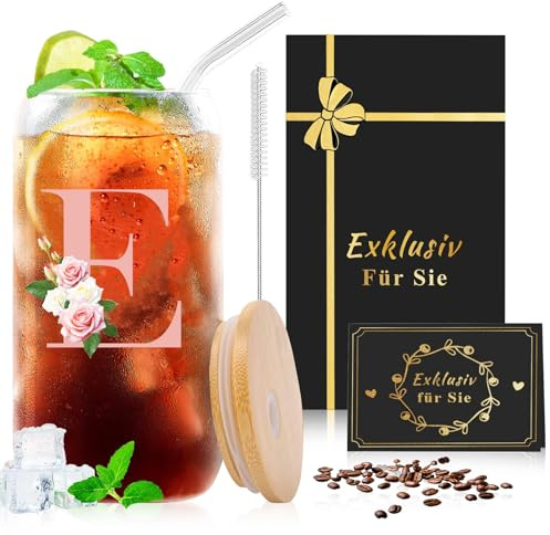 CIGAA Geschenk für Frauen - Becher mit Deckel und Strohhalm, A-Z Buchstaben Personalisiertes Trinkglas zum Geburtstag, Glasbecher mit Reinigungsbürste für Kaffee Cocktails (500ml)