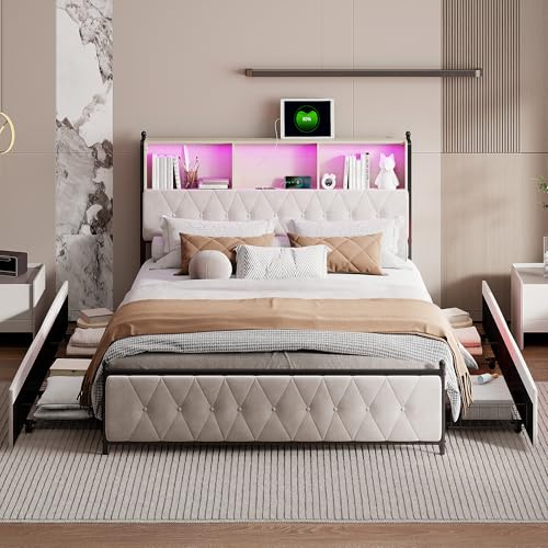 Polsterbett 140x200 cm Doppelbett mit 4 Stauraum Schubladen Kopfteil mit Stauraum und USB und Typ-C Ladefunktion Metallbett Jugendbett Bettgestell, Samtstoff,Ohne Matratze (140 x 200 cm)