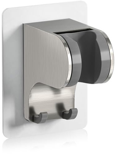 JONKEAN Duschkopfhalterung ohne Bohren, 3M Kleber Handbrause Halterung, 45° Verstellbare Duschbrause Halterung, Duschhalterung, Dusche Brausehalter mit 2 Haken (2.Gebürstetem Nickel, 1 Stück)