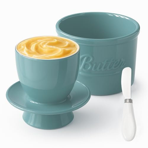 Beurrier Ceramique avec Couteau Beurre - Beurrier à Eau avec Couvercle, Pot à Beurre avec Refroidissement, Pot Beurre Français Porcelaine pour Conserver le Beurre Frais (Cyan, 6 oz)