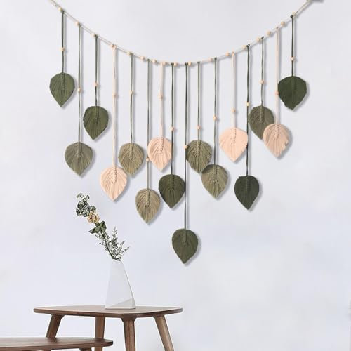 Mincloss Makramee Wandbehang Wandteppich Boho Deko Wand Makramee Wandteppich mit Holzperlen und Blattdesign, Handgefertigte Tapisserie Wandbehang Deko für Schlafzimmer Wohnzimmer Kinderzimmer