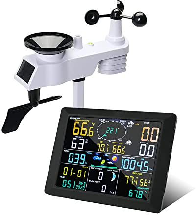 ZJFHEYUO 7-in-1-Wetterstation, Solarzelle & großes 10-Zoll-Farbdisplay/Wettervorhersage, WLAN