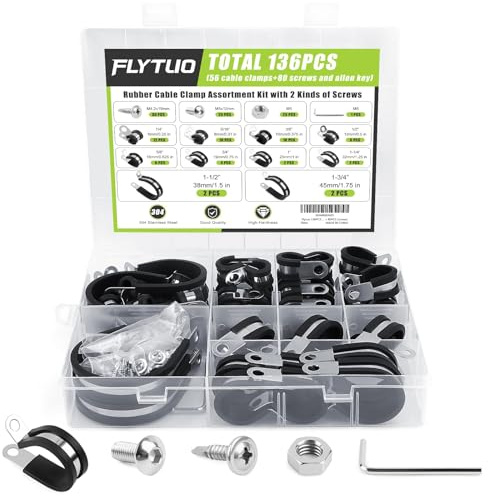 Flytuo 136PCS Cable Clamps Assortment Kit with Screws - 304 Stainless Rubber Cushion Pipe Clamps in 10 Sizes, P-Clips for Fastening Pipe, Tube and Wire (56PCS Clamps + 80PCS Screws)