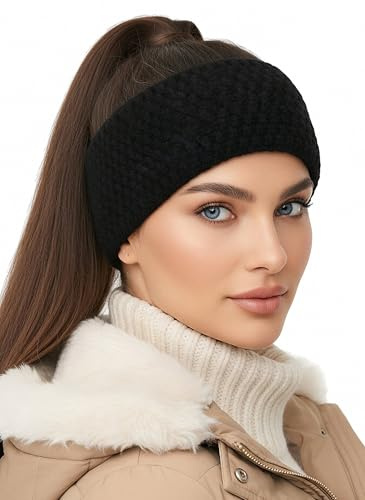 Baesics Stirnband Damen Schwarz - Winter Ohrenwärmer warm Waffelmuster | Mit weichem Fleece-Innenfutter, dehnbar, 48-58 cm, Unisex für Damen und Herren. Feines Waffelmuster für Sport und Alltag