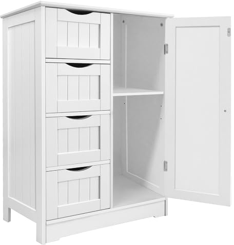 White Wooded Bathroom Storage Cabinet - 30D x 56W x 82H cm, Wide Sideboard Cabinet with 4 Drawers & 1 Door, Adjustable Shelf, Freestanding Cupboard Storage Unit for Towels, Toiletries, Clothes