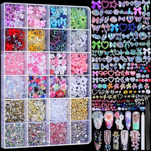 24 Grid Nail Charms, Atimory Nail Art Decoration Kit with Multi Shapes Nail Charms and Gems, Flatback AB Nail Rhinestones Nail Pearls, 3D Hawaii Flowers Nail Jewels Set with Tools for DIY Nail Art