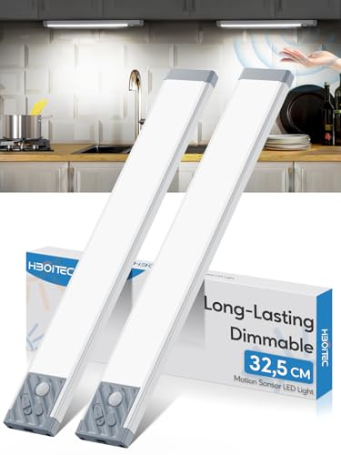 HIBOITEC Schrankbeleuchtung mit Bewegungsmelder 32,5cm 2500mAh, Dimmbar Schrankbeleuchtung Kabellos, 70LED Schranklicht Unterbauleuchte LED Leiste Batterie Weißes Licht