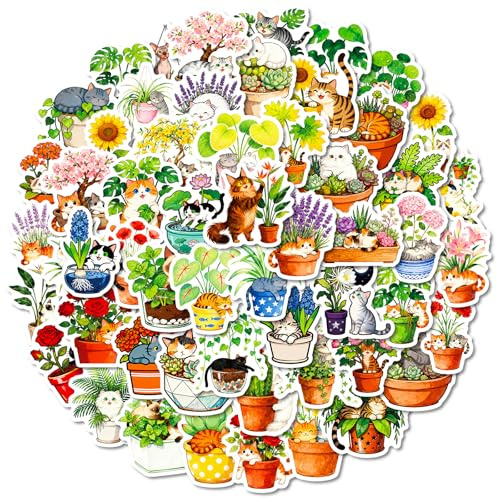 Cat Plant Scrapbook Stickers Pack, 56Pcs Cute Cartoon Vinyl Decals for Journals Laptops Water Bottles and Crafts, Pre-Cut Flower Pot Cat Designs for Teens Girls DIY Decoration