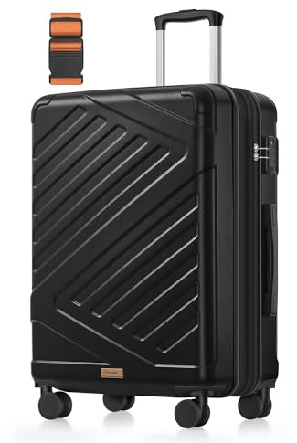 SONGMICS Koffer, Reisekoffer, Hartschalenkoffer mit TSA-Schloss, Koffergurt, ABS-Trolley, 4 Zwillingsrollen, erweiterbar, L, 65 cm, tintenschwarz RLP002B101