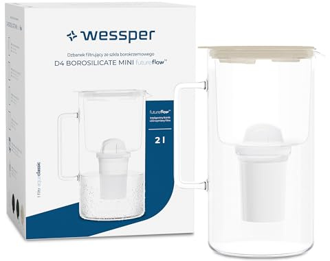 Wessper Carafe Filtrante en Verre avec Cartouches Filtrantes pour Eau Potable 2 l, Pichet en Verre avec Compteur de Filtre Intelligent, Kit comprenant 1x filtre à charbon actif- Beige
