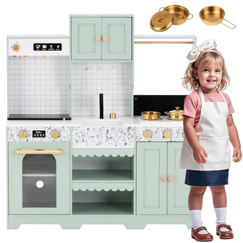 Kinderküche, 28.5×60×92 cm Kinder Holzspielküche, Puppenküche, mit Wasserhahn, Herd, Drehknopf, Spüle, Kleinem Schrank, Vorhang und Stauraum, Kochgeschirr Zubehör, für Kinder ab 3 Jahre (Grün)