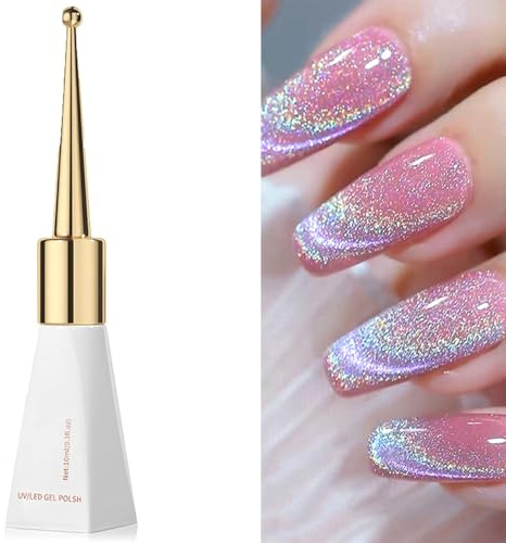 Rainbow Cat Eye Gel Nail Polish, Pink Iridescent Magnetic Gel Polish, Soak off UV/LED, Holographic Glitter Cat Eye Gel Nail Polish for Nail Art Manicure Salon DIY at Home