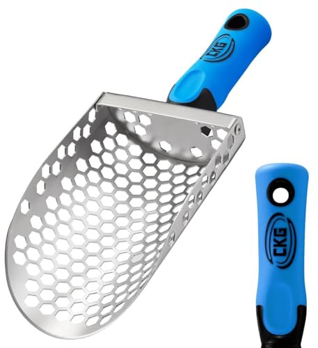 CKG Paletta per sabbia a mano per rilevare metalli con manico ergonomico blu, pala di rilevamento per setaccio da sabbia da spiaggia, in acciaio inossidabile resistente, perfetta da accessori per