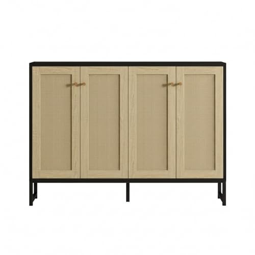Panana 4-Door Accent Cabinet Sideboard Rattan Decorated Buffet Cabinet for Dining Room Kitchen Storage Farmhouse Console TV Stand (Black)