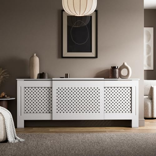 Radiant Living Radiator Cover Diamond Cross Pattern, Modern White MDF Radiator Cabinet for Living Room & Bedroom, Adjustable
