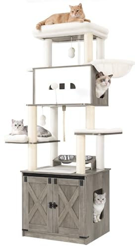Hzuaneri Kratzbaum, Kratzbaum mit Katzenklo Schrank, 173 cm Hoch, Greige | Katzenkratzbaum, Futterstation, mit Großer Plattform, Sisalseil, Hängematte, Waschbares Kissen, Plüschbälle, CB89005WT