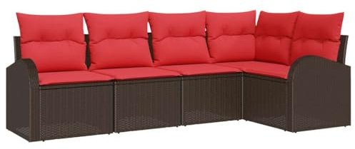 QJBSAVVA Poly-Rattan Gartensofa-Set 5-teilig, Lounge-Set Gartenmöbel mit Kissen für Garten und Terrasse, Modulares Outdoor Sofa Set Braun und Rot mit Eckbank und Mittelsitzen