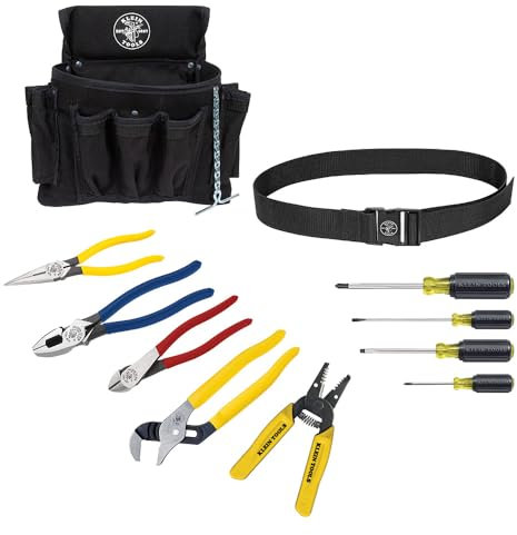 Klein Tools 92911 Tool Kit, Apprentice Tool Set with 4 Pliers, Wire Stripper and Cutter, 4 Screwdrivers, Tool Belt and Tool Pouch, 11-Piece