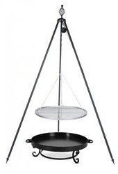 Dreibein Grill OSKAR Höhe 210cm + Grillrost aus Edelstahl Durchmesser 80cm + Feuerschale Pan32 Durchmesser 80cm