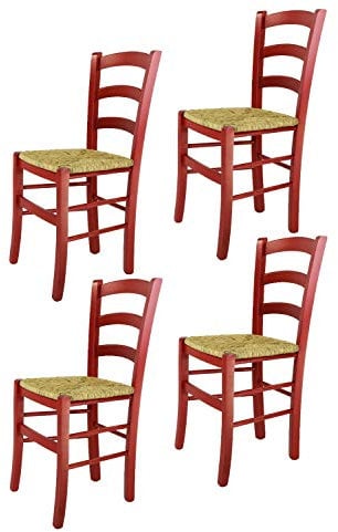 t m c s Tommychairs - 4er Set Stühle Venezia für Küche und Esszimmer, Robuste Struktur aus Buchenholz in Anilinfarbe Rot und Sitzfläche aus Stroh