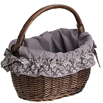 e-wicker24 Alles aus Weide Einkaufskorb aus Weide, retro Bügelkorb, Vintage Stil, Weidenkorb, oval (Dunkelbraun mit Blumenmuster)