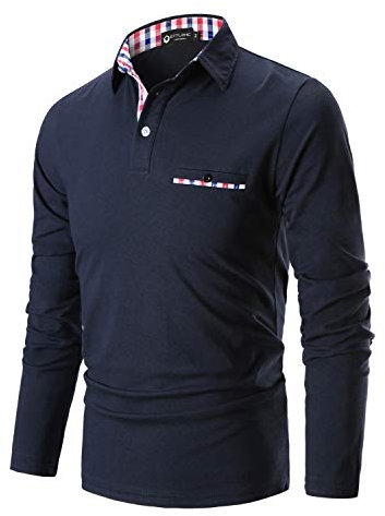 STTLZMC Mens Long Sleeve Polo Shirts Plaid Collar Basic Casual T-Shirt #11 Blue 3XL