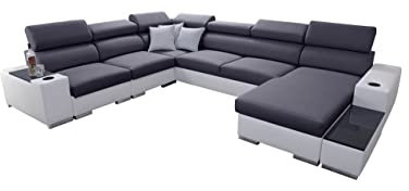 All4All Ecksofa mit Schlaffunktion Piano 358x282 cm – Schlafsofa mit Bettkasten – Wohnlandschaft XXL – Sofa U-Form – Gewebe mit Kunstleder - Groß - Big Sofa - Rechte Seite - Grau/Weiß 26
