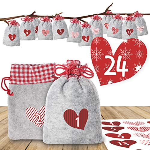 Adventino Adventskalender zum Befüllen – mit 24 weihnachtlichen Filzbeuteln und Zahlen-Aufklebern „Romantischer Advent“ für Männer, Frauen und Paare
