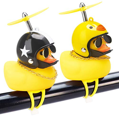 wonuu Gummiente Auto-Ornamente, 2 Stück, gelbe Ente, Armaturenbrett-Dekorationen, Quetschente, Fahrradhörner mit Propellerhelm (Huhn & schwarzer Hut, weißer Stern)