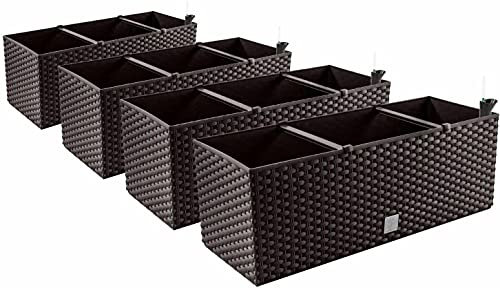 Lot de 4 pots de fleurs aspect rotin – 60 x 25 x 24 cm – Système d'irrigation Jardinière Balconnière