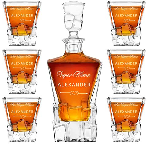 Maverton 950 ml Whiskey Karaffe + 6er Whiskygläser Set mit Gravur - Whisky Dekanter - luxuriöses Design - Kristallglas - für Männer zum Geburtstag - Super