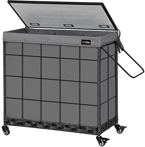 Wäschesammler mit robusten Rollen, 3 Abschnitte, Wäschekorb mit Deckel, 132 l Wäschekorb mit herausnehmbarem Einsatzbeutel, Wäschesortierer mit Metallgriff (grau)