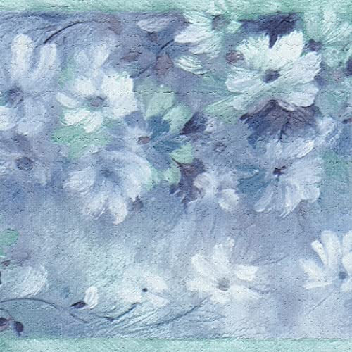 Dundee Deco DDAZBD9536 Peel and Stick Wallpaper Border - Abstract Blue Teal White Flowers Wall Border Retro Design, 15 ft x 7 in (4.57m x 17.78cm), Self Adhesive