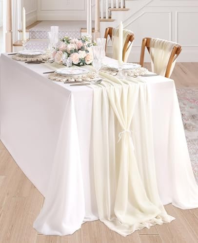 Elfenbeinfarbener Tischläufer für Hochzeiten, 35,6 x 308,8 cm, lang, durchsichtig, Chiffon, Tischdekoration für Party, Bankett, Tischdekoration