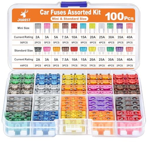 JOREST 100Pcs Kfz Sicherung Set, 56 Mini Flachsicherungen Auto + 44 Standard sicherungen kfz + 1 Sicherungszieher - für PKW/Wohnmobil/LKW/Motorrad (2 Ampere 3A 5A 7.5A 10A 15A 20A 25A 30A 35A 40A)