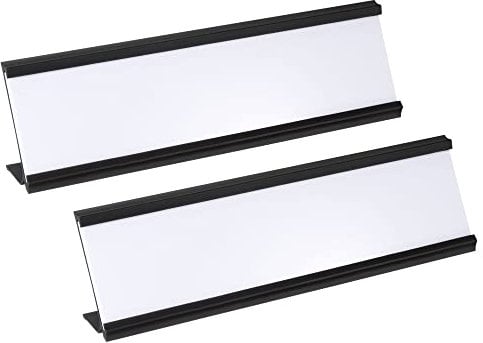 PATIKIL 2 x 7.8inch Aluminum Name Plate Holder, 2Pcs L Type with White Blank Engraved Name Plate for Desk Office Business Door Sign Holder Black