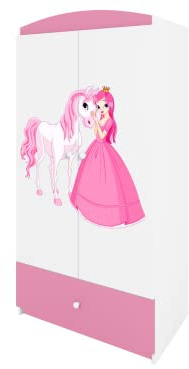 Babydream Kleiderschrank Prinzessin und Pferd – aus Spanplatten, 90 x 57 x 187 cm, Farbe Puderrosa mit Regalen und Schublade