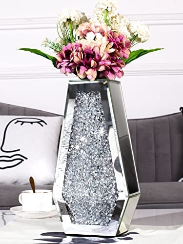 SHYFOY Spiegel Vasen Deko, Kristall Diamant Vasen für tischdeko, Deko Vasen aus Glas, Silber, 30 cm, Kann kein Wasser Halten