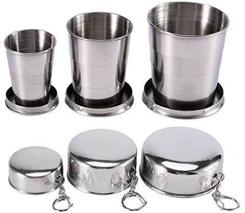 Serlium Vasos Plegables para Platos y Utensilios, Taza de Camping Plegable de Acero Inoxidable con Tapas 2.5 oz 4.7 oz 8.2 oz Taza de Bebida portátil Reutilizable expandible para Supervivencia(S)