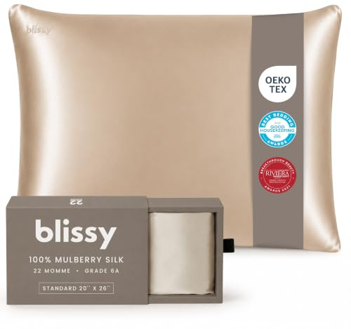 BLISSY Silk Pillowcase - 100% Pure Mulberry Silk - 22 Momme 6A High-Grade Fibers - Satin Pillow Cover for Hair & Skin - Regular, Queen & King with Hidden Zipper, Standard